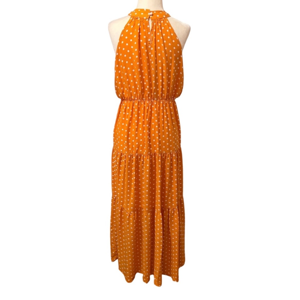 Retro Style Polka Dot Halter Tiered Maxi Dress Orange White Size Medium Summer - Picture 8 of 10